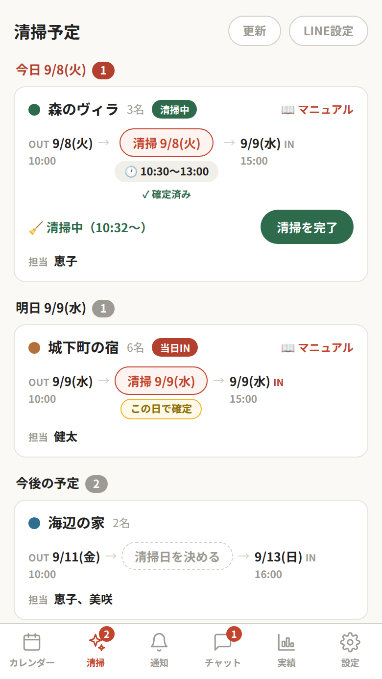 清掃カード画面。OUT・清掃日・INの流れと開始・完了がスマホで完結